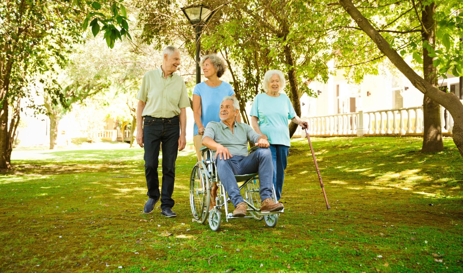a group of people walking in a park