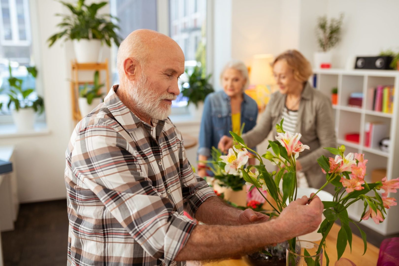 a person holding flowers in a pot