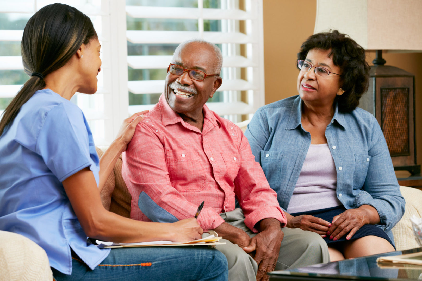 a person talking to a couple of people