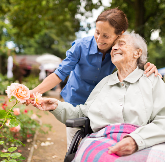 a person in a wheelchair holding a flower