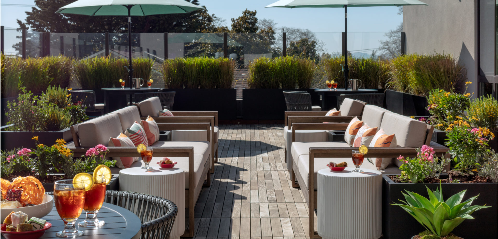 a patio with chairs and tables