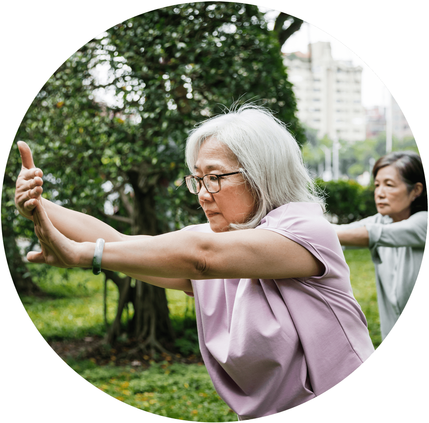 a group of women stretching in a park